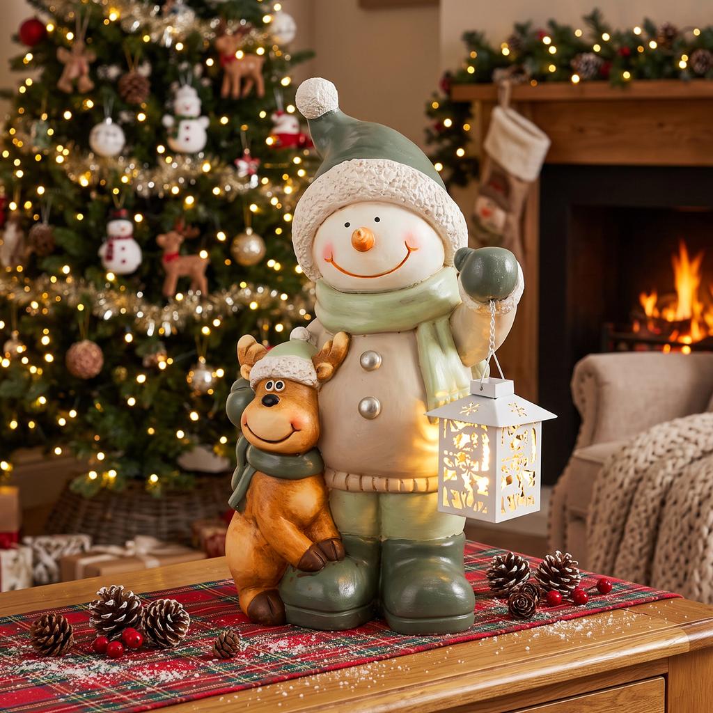 Snowman Figure 43 Cm Made Of Mgo With Led Lantern And Timer For Entrance Area And Door Area