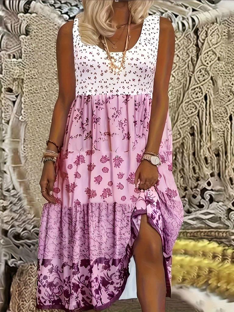 Women's Sleeveless Summer Style Round Neck Printed Long Dress