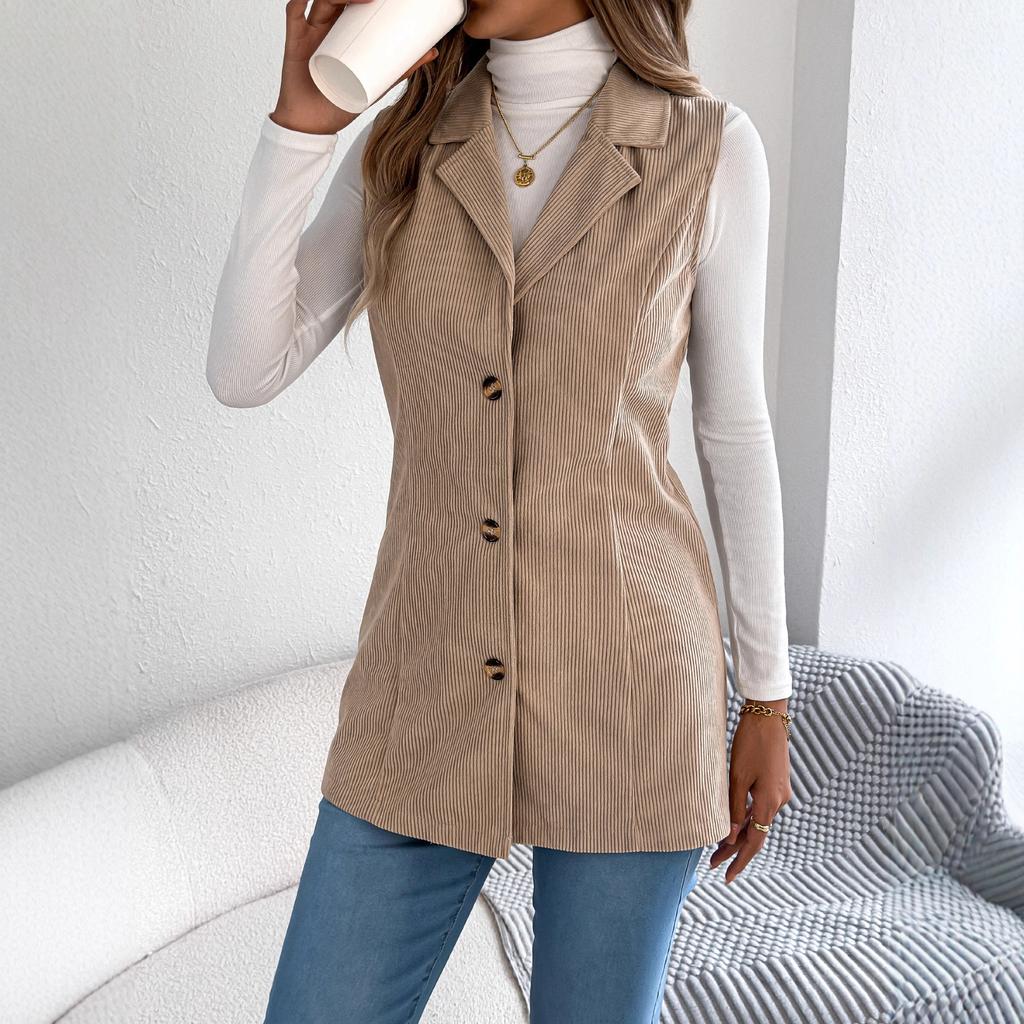 GMXIA Autumn and Winter Casual Single-breasted Suit Collar Corduroy Vest Jacket for Women