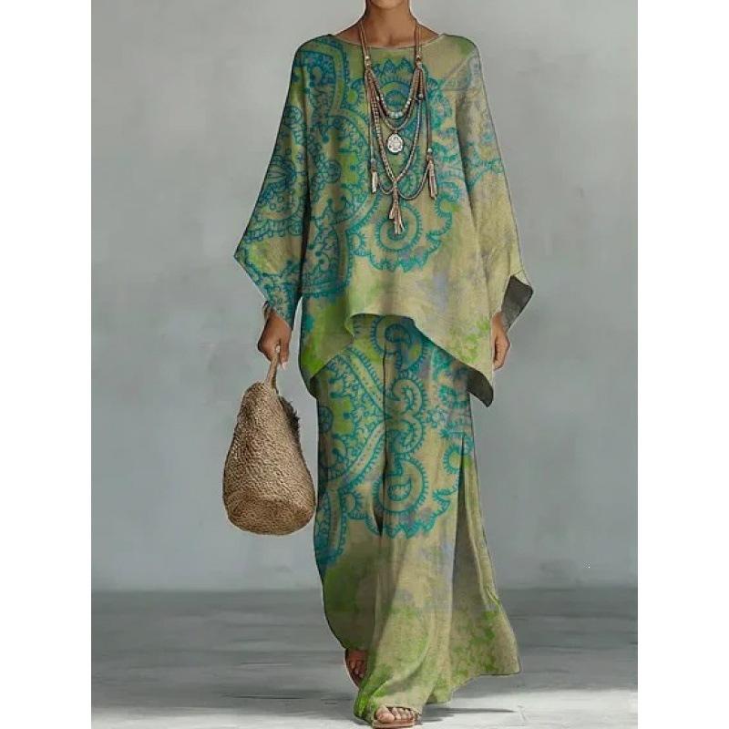 New crew neck bat sleeve printing set Bohemian lazy casual two-piece set