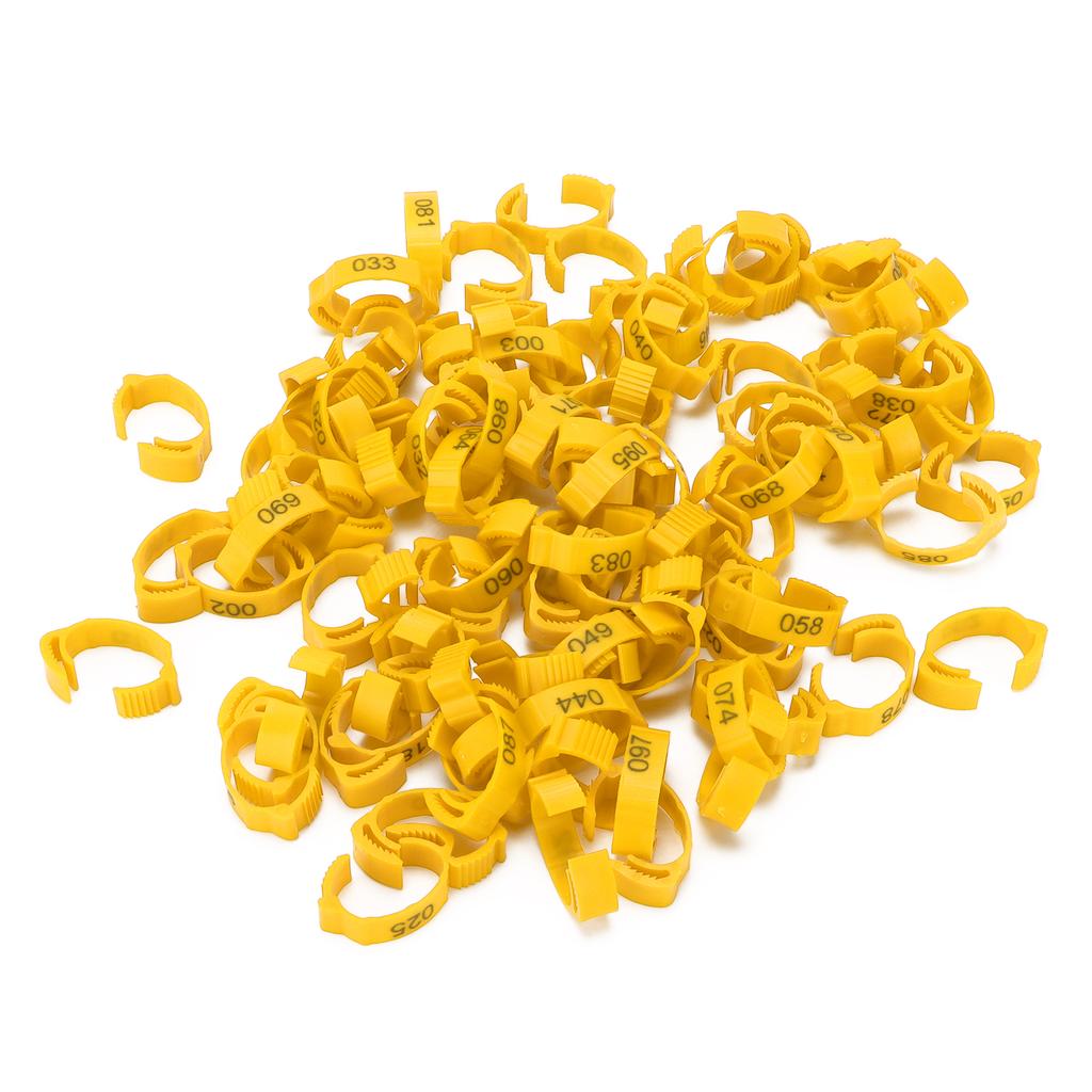 100Pcs Poultry Foot Rings Identification Leg Buckle with Numbers for Chicken Duck BirdYellow