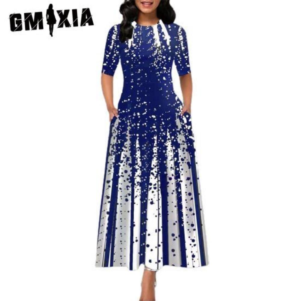 GMXIA Повседневное женское платье-пуловер со средней талией и круглым вырезом, платье с принтом и большим подолом, платье с коротким рукавом и длиной до щиколотки, женские платья