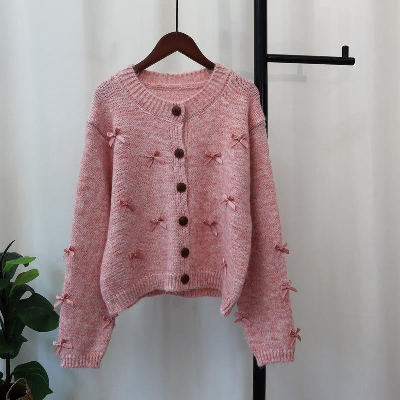 Crew Neck Bow Sweet Gentle Wind Knitted Cardigan Autumn and Winter New Design Sense Loose Sweater Jacket Women