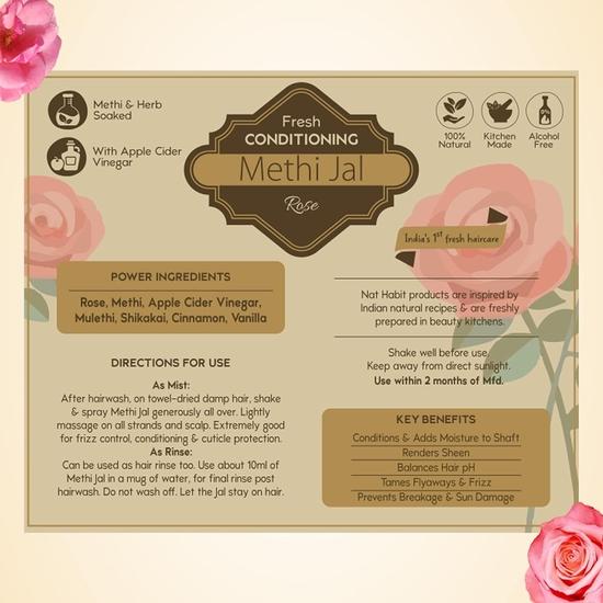 Nat Habit Rose Conditioning Methi Jal - сыворотка для волос, спрей и спрей для роста волос, контроль выпадения волос с яблочным уксусом 200 мл