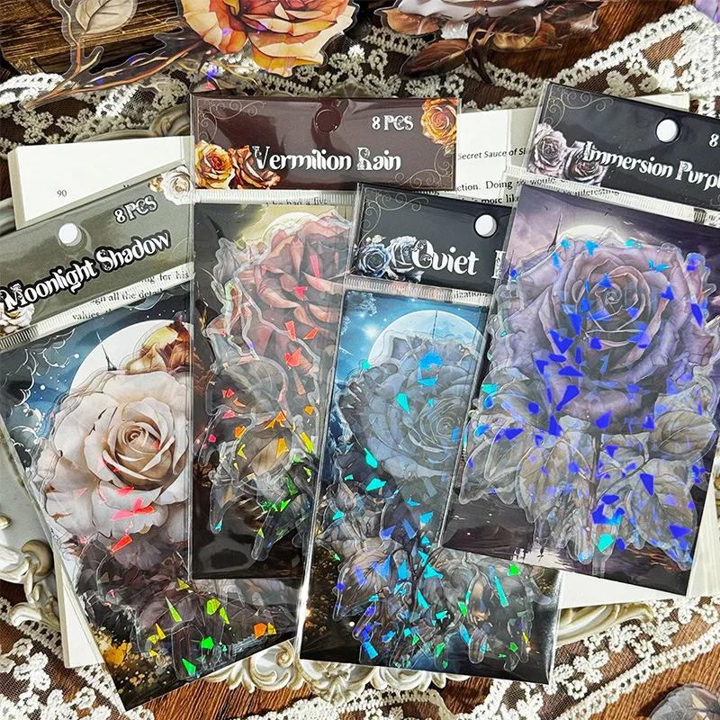 8patterns/pack PET Big Size Rose Stickers Collage Materials DIY Scrapbooking Supplies Aesthetics Sticker Stationery