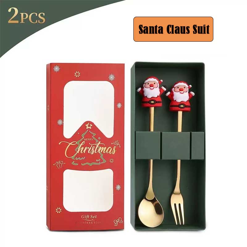 2 шт. Кофейная ложка из нержавеющей стали Рождественская десертная ложка Вилка для торта Мультяшная Рождественская елка Лось Ложка Вилка Рождественская подарочная коробка