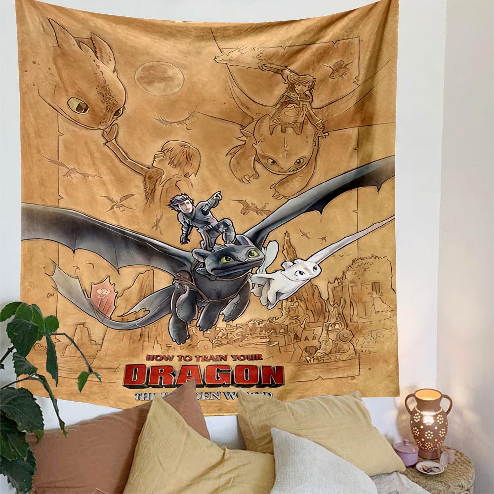 How to Train Your Dragon Hidden World Poster Tapestry Wall Hanging, Dragon Family Flight Art, Fantasy Wall Decor for Bedroom