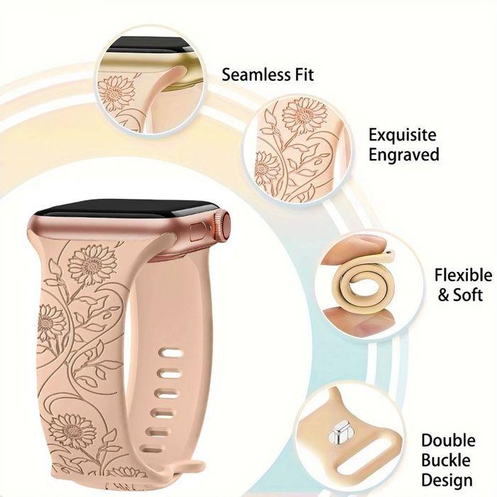 2 Bracelets pour Apple Watch Series 10, 9 8 SE 7 6 5 4 3 2 1 Ultra 2, 42mm-44mm-45mm-46mm-49mm Silicone Motif Tournesol Nude et Vert