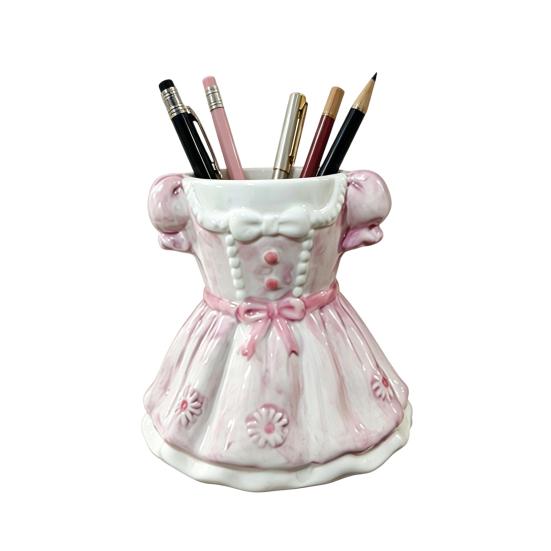 Bow Dress Pencil Cup, Ceramic Desk Organizer, Cute Makeup Brush Holder for Girls Room, Office Gift for Women
