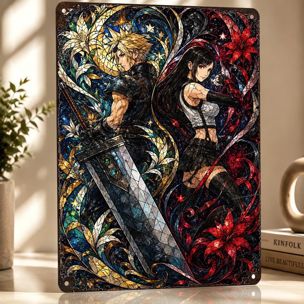 Cloud and Tifa Stained Glass Art D Texture Metal Poster Customized Wall Art Tin Sign Gift for Mancave Funny Signs Wand Deko