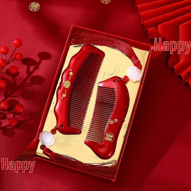 Бордовый Деревянный Свадебный Набор Расчесок с Зеркалом - Подарочная Коробка для Приданого Невесты