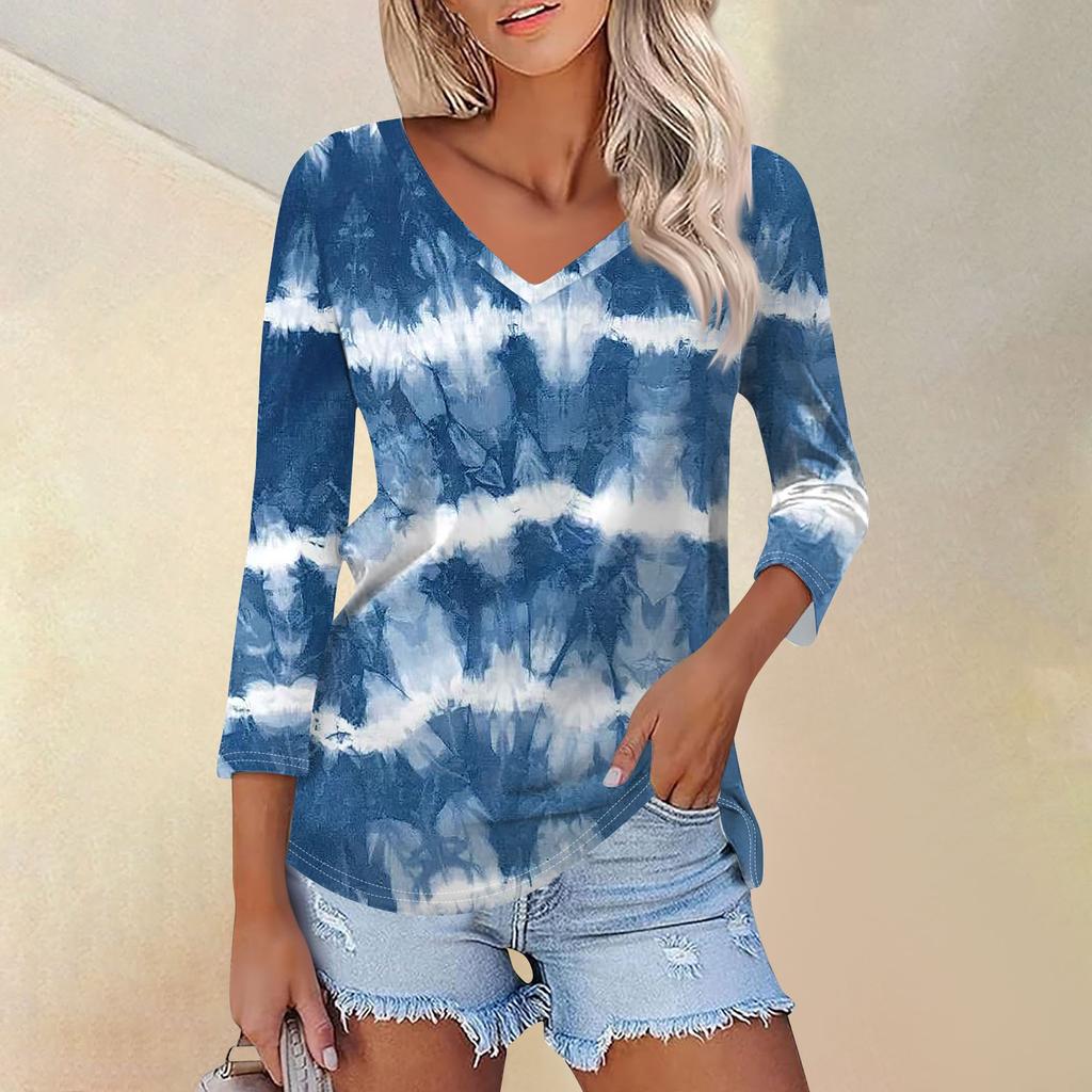 Women's Fashion Casual V Neck 3/4 Sleeve Loose Printed T-Shirt Ladies Top