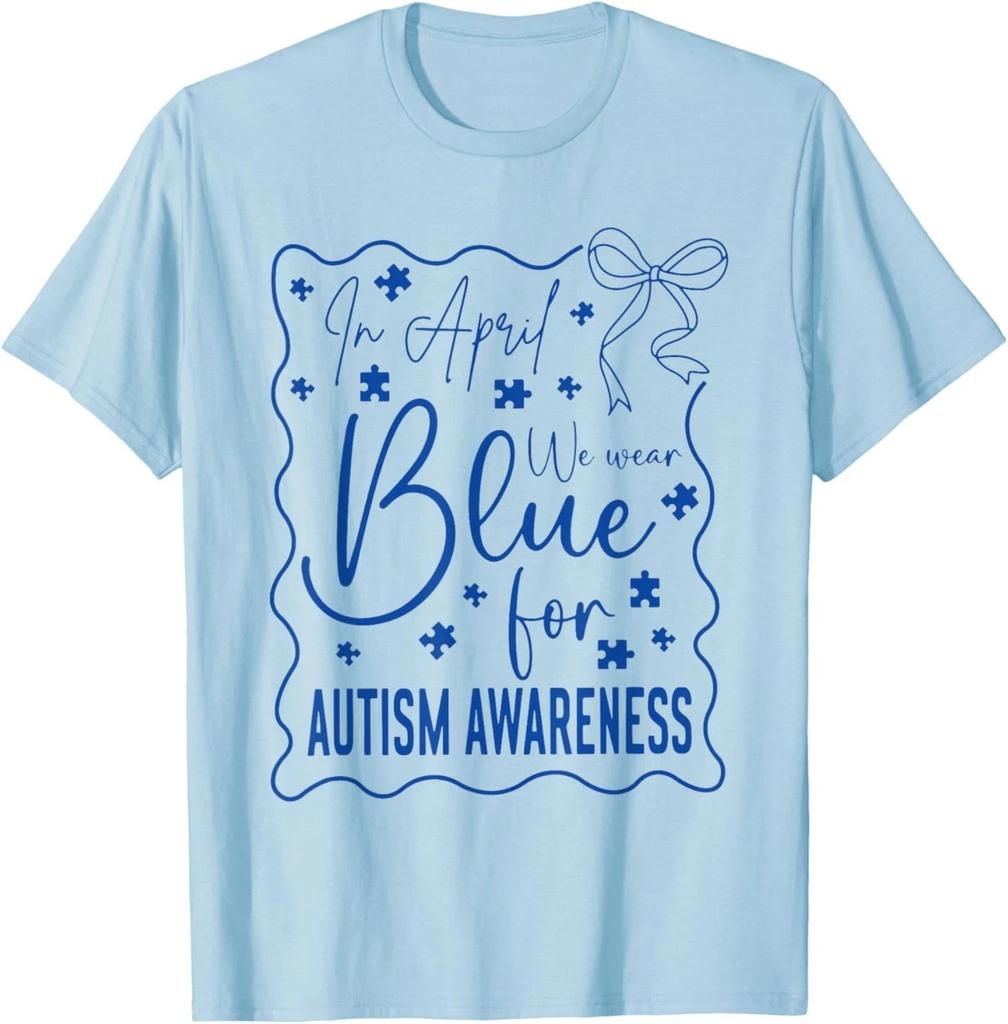 in April We Wear Blue Autism Awareness Month Coquette Bow T-Shirt