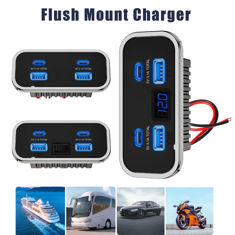 12/24V QC3.0 PD Car Charger Socket Quick Charge Dual USB Dual QC 3.0 Fast Charging Outlet Panel Adapter for Truck Camper Caravan