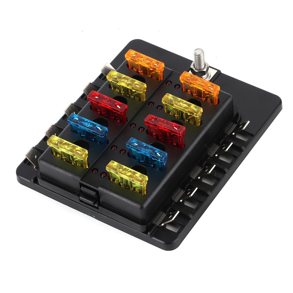 10-Way Fuse Box Blade Fuse Block Holder with LED Indicator Light for Automotive Car Boat Yacht