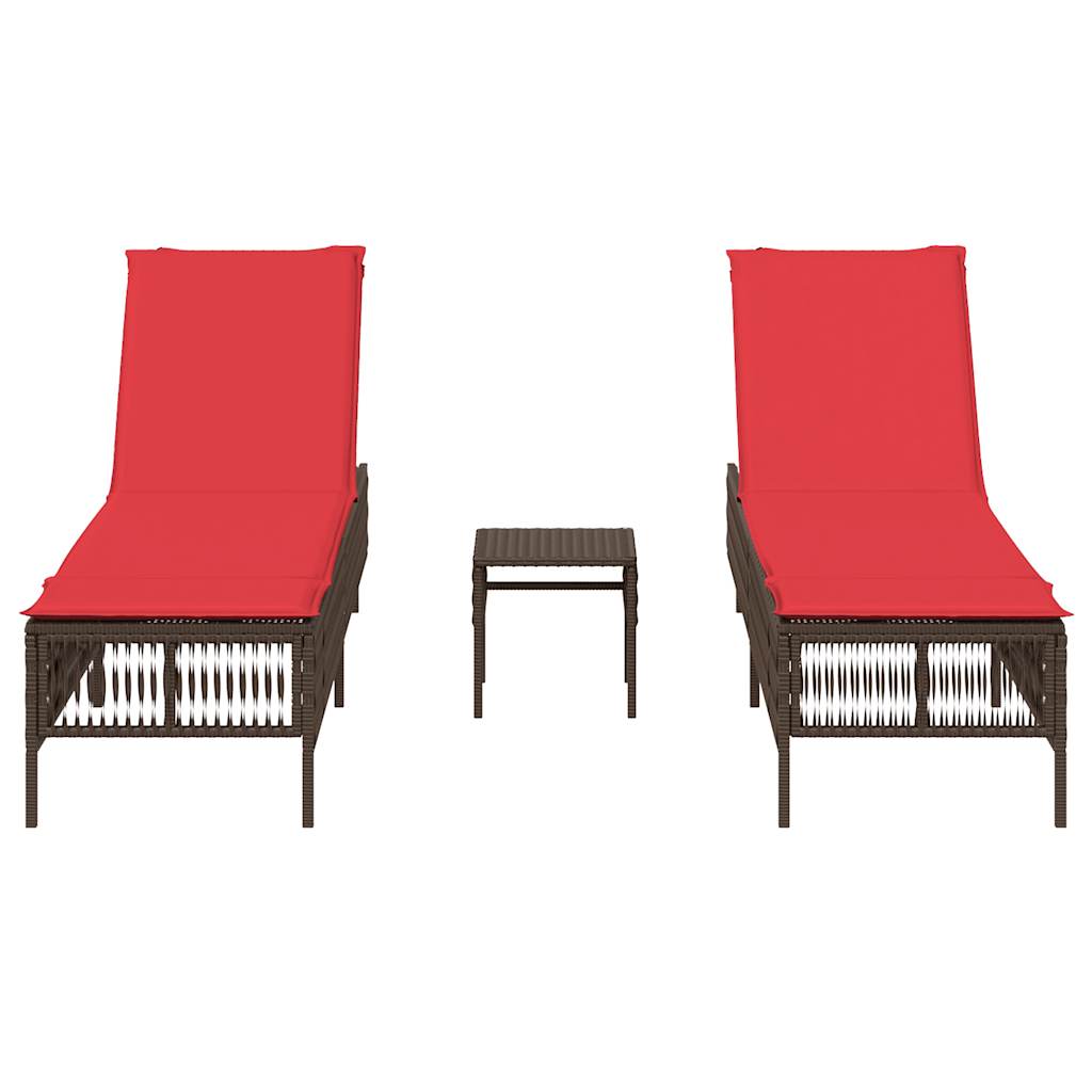 Sun Loungers 2 Pcs with Table Brown Poly Rattan