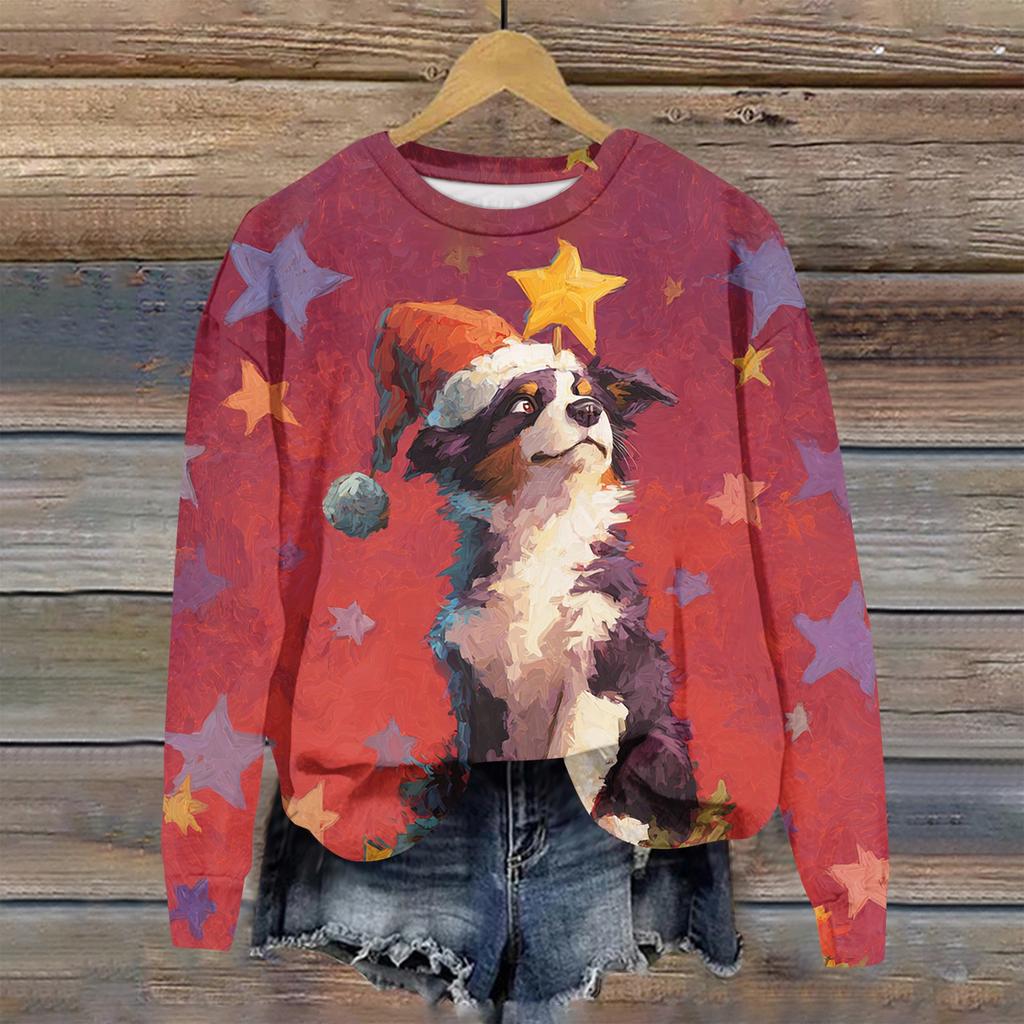 Женская толстовка с рождественским принтом, с длинным рукавом и круглым вырезом, свободный топ