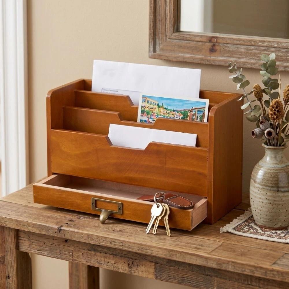 Wooden Desktop Drawer Storage Box Rustic Mail Organizer Grocery Organizer for Home