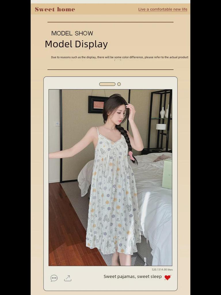 Летняя корейская ночная рубашка из тканого крепа с нагрудными подушечками - милая, тонкая, из чистого хлопка для женщин