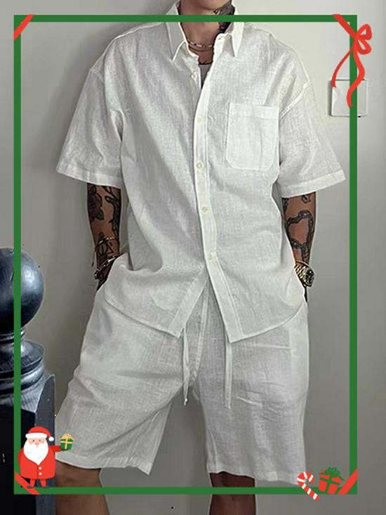 Men's Seaside Linen Short-Sleeved Shirt & Cotton Shorts Set - Old Money Style, Breathable Vacation Wear
