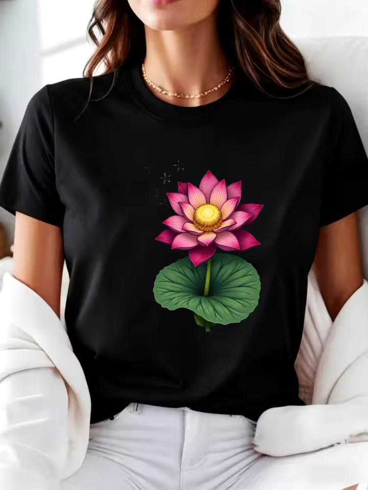 2026 Female Shirt Floral Design Women's T-Shirt Lotus Flower Print Round Neck Loose Short Sleeve Casual Everyday Wear Suitable