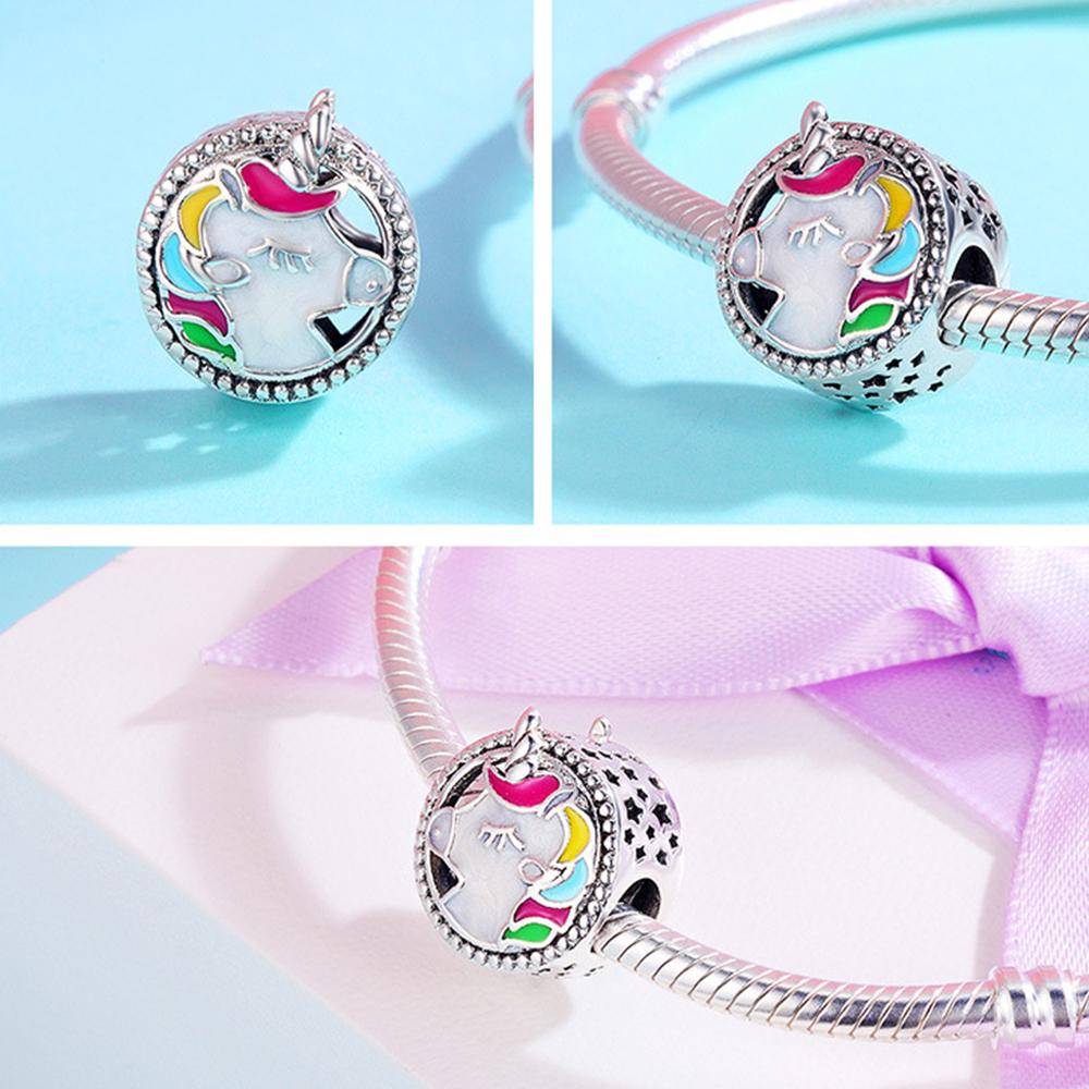 S925 Стерлингового Серебра Красочные Бусины Единорога Шарм Мотаться Подходит Браслет Ожерелье Изготовление для Женщин Подарки С Тканевой Сумкой