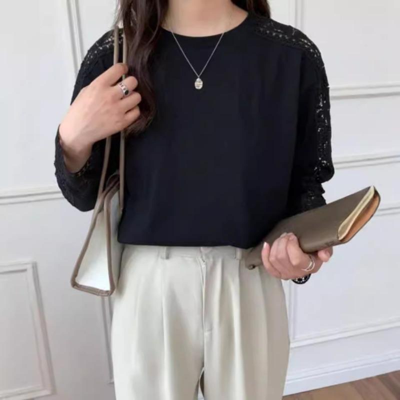 Хорошее качество осень зима японский корейский однотонный кружевной пуловер круглый вырез свободная футболка с длинными рукавами для женщин