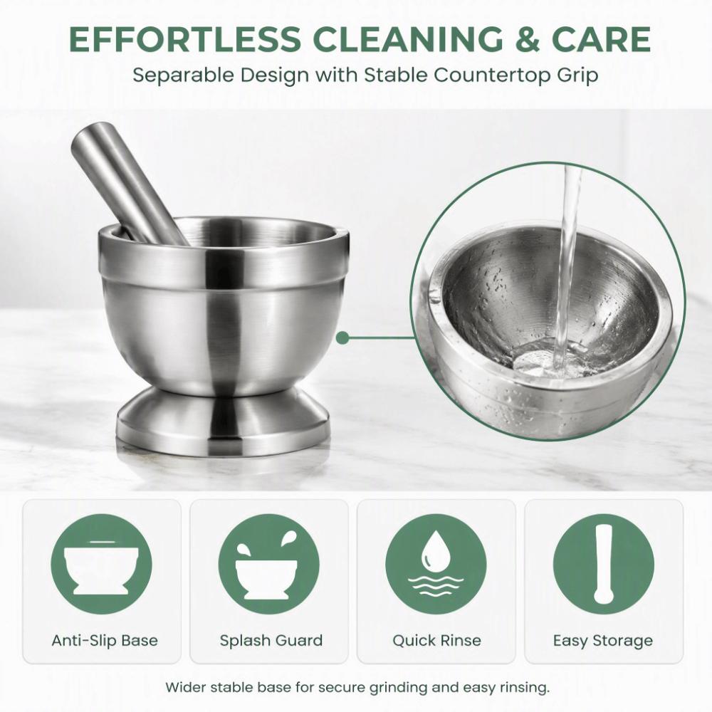 Stainless Steel Mortar And Pestle Set Silver Garlic Grinder Bowl Spice Preparation