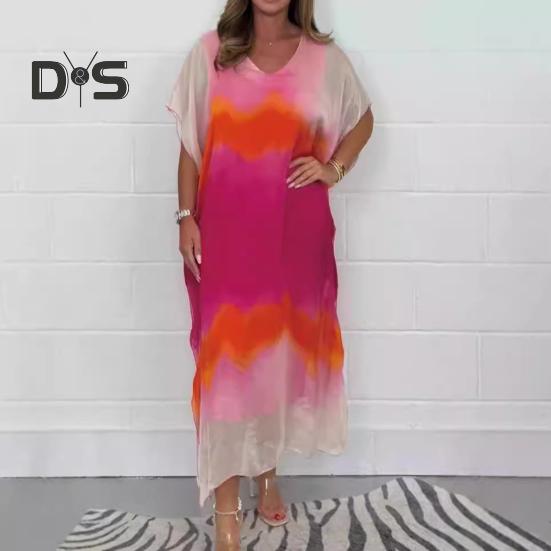 Женское шифоновое макси-платье с градиентным принтом и V-образным вырезом, с коротким рукавом, длинное платье, повседневный свободный пляжный сарафан для летнего отдыха