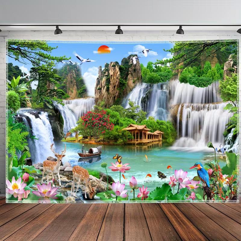 2D Chinese Waterfall Landscape with Deer and Cranes Backdrop Party Photo Background Cloth