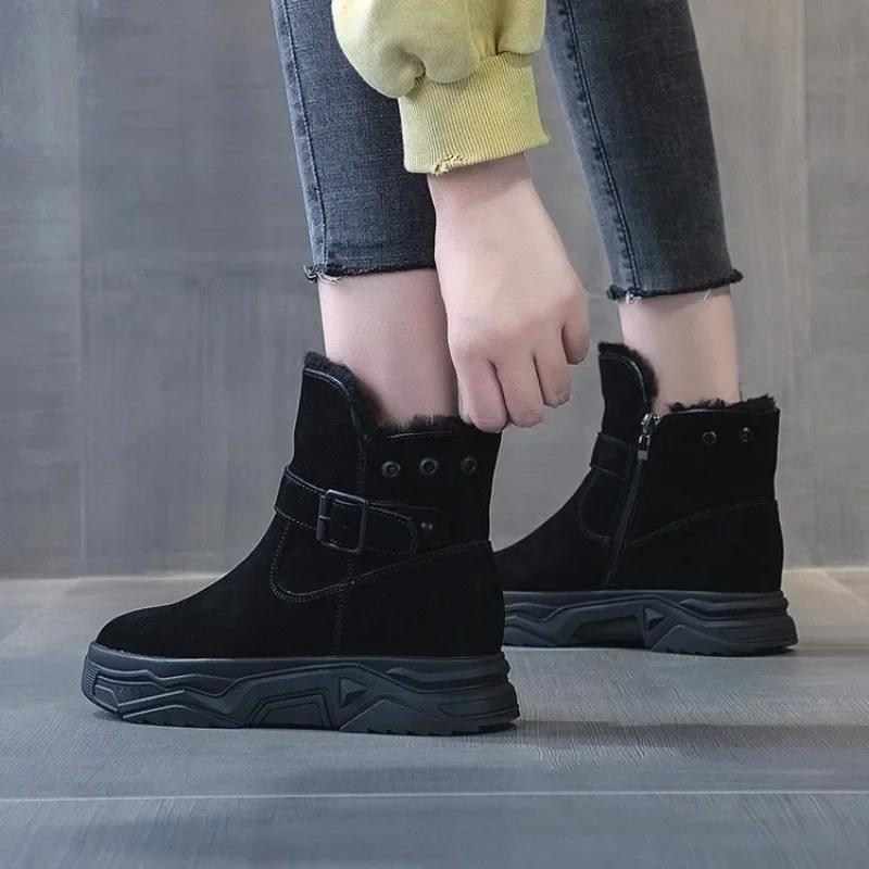 Модные ботинки женские зимние ботинки на плоской подошве женские туфли на платформе женские меховые теплые туфли для женщин новые однотонные зимние туфли короткие ботинки женские
