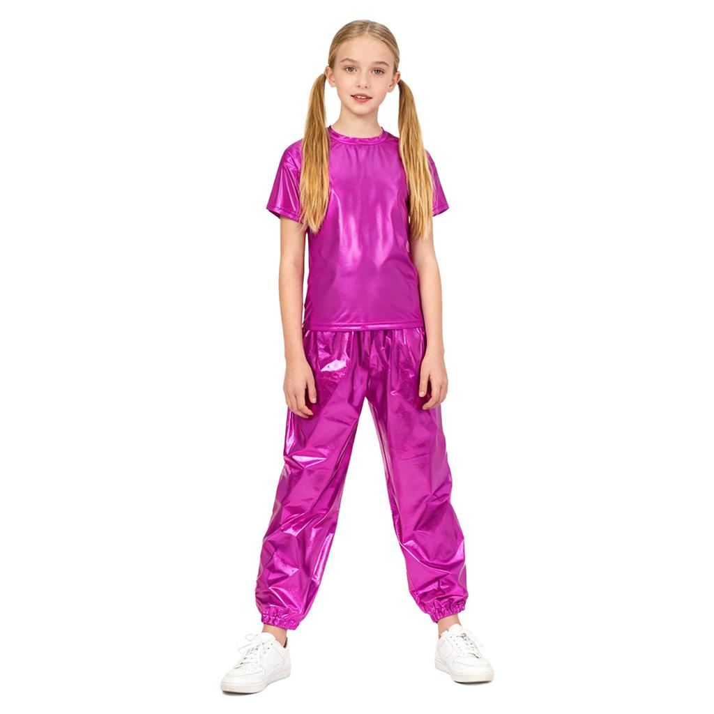 Children Stage Performance Outfit Kids Dance Party Costume Set Metallic Shiny T Shirt with Pants Unisex Ballet Jazz Wear