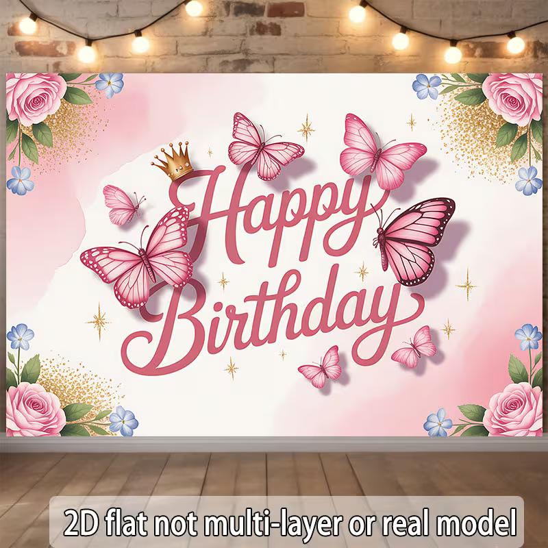 2D Happy Birthday Backdrop, Pink Butterfly Rose Gold Glitter Party Photo Booth Background