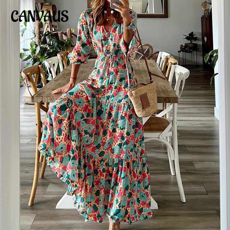 Весенне-осеннее женское платье, модные свободные платья средней длины с v-образным вырезом и длинным рукавом с принтом