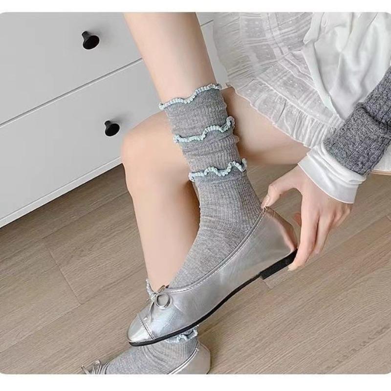 Женские тонкие модные носки с кружевом, однотонные, со швом, с вертикальным рубчиком, бесшовные, до середины икры