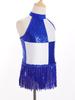 Girls Color Block Latin Dance Leotard Shiny Sequins Tassel Halter Sleeveless Backless Bodysuit Performance Costume