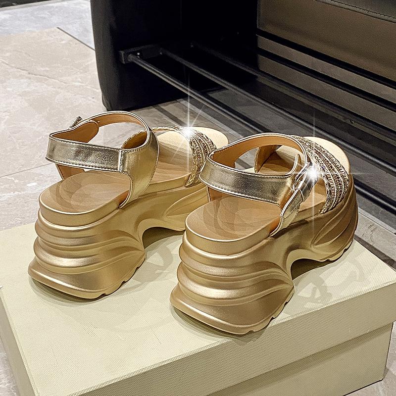Модные женские ретро сандалии на платформе высокого качества, летние шлепанцы с открытым носком, хрустальные женские легкие пляжные туфли с открытым носком 8 см