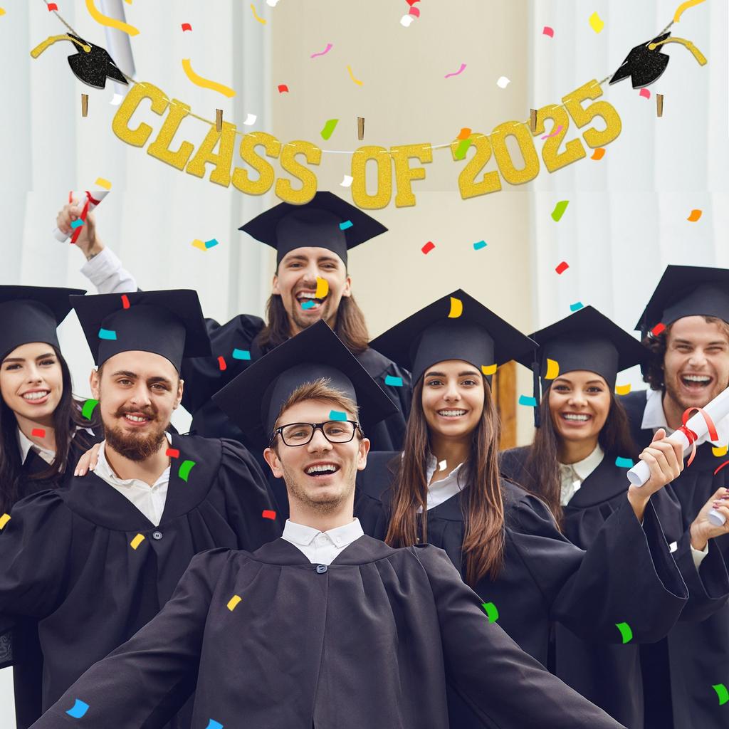 Выпускной сезон 2025 года, украшение для вечеринки, украшение, сверкающая бумажная лента, флаг, шляпа, тянущая цветок