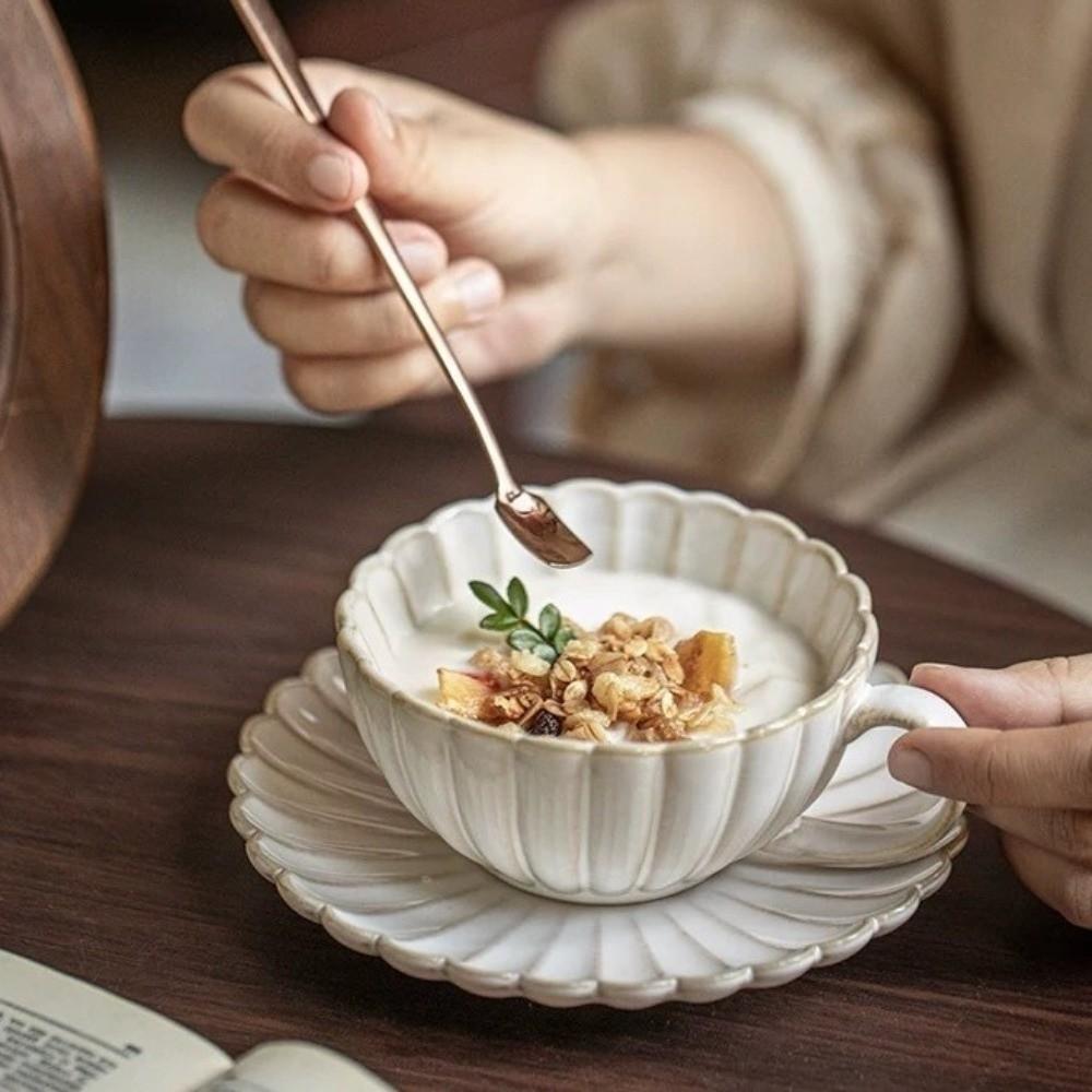 Retro Tea Mug Plate Set Flower Shaped Pottery Drinkware Set Creative Milk Cups  Breakfast