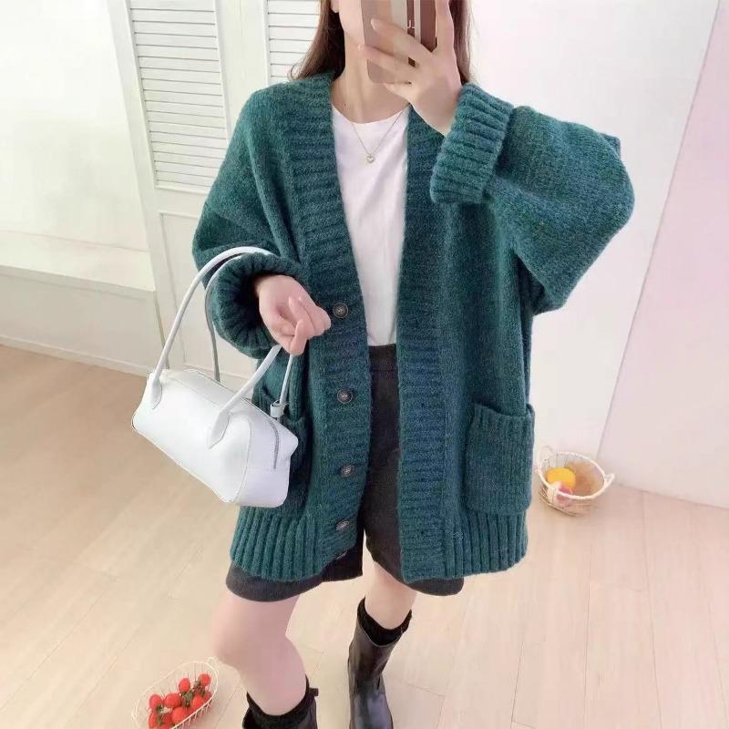 Ленивый ветер вязаный кардиган женская одежда осень и зима новый свободный повседневный утолщенный свитер на пуговицах с V-образным вырезом женский