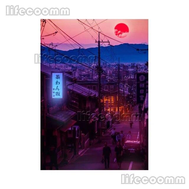 Аниме Город Неоновая Ночь 80-х годов Vaporwave Япония Город Уличный Плакат Настенное Искусство Холст Картины Настенные Панно Для Гостиной Домашний Декор Без Рамки