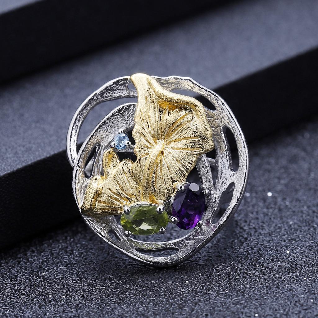 Оригинальное дизайнерское высококачественное кольцо с яркими драгоценными камнями, регулируемое кольцо в естественном стиле из стерлингового серебра 925 пробы с натуральным драгоценным камнем