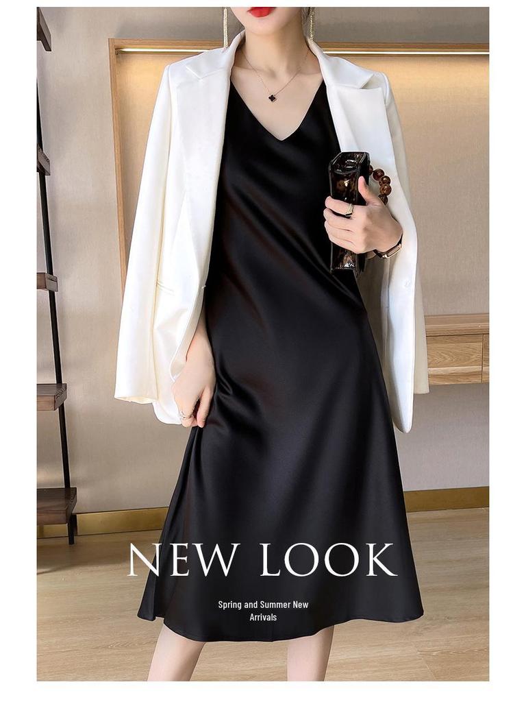 Черное атласное платье-комбинация А-силуэта без рукавов – Женское летнее платье длиной выше колена