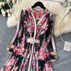 Spring Summer Women V-neck Vintage Print Chiffon Runway Dress Single Breasted Long Maxi Loose Holiday Beach Dresses with Belt