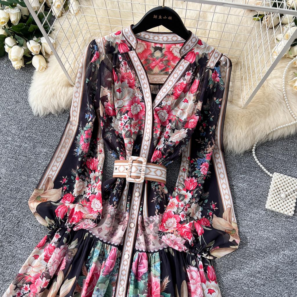 Spring Summer Women V-neck Vintage Print Chiffon Runway Dress Single Breasted Long Maxi Loose Holiday Beach Dresses with Belt