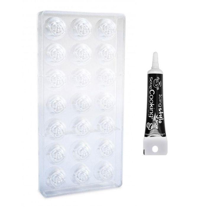 Moule à chocolats rigide Roses + Stylo de glaçage noir