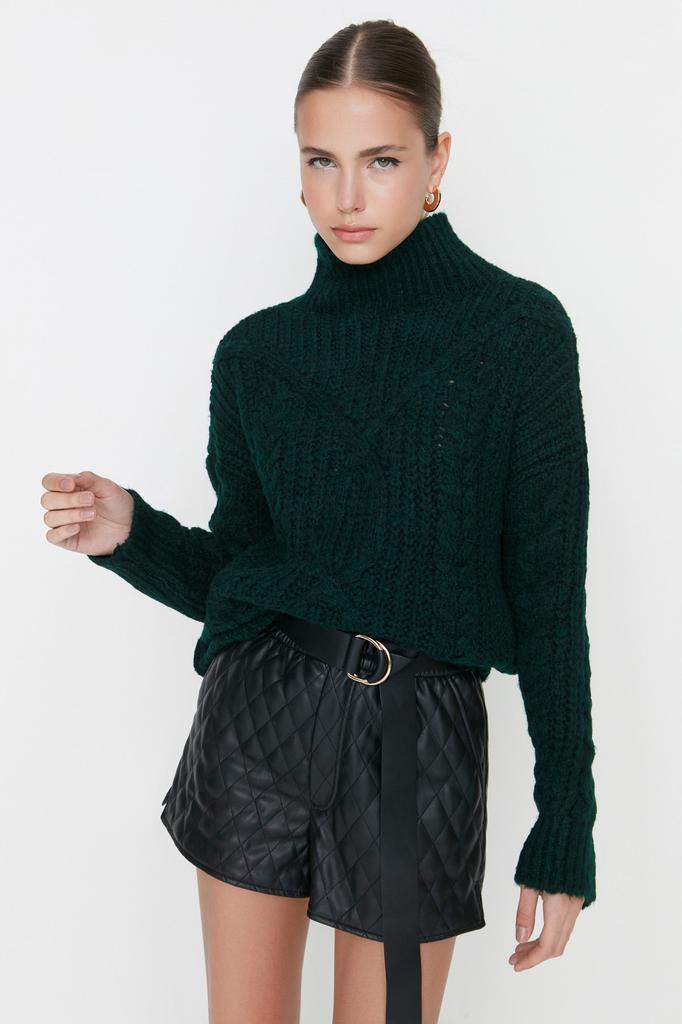 Women's Fashion New Sweater Navy Blue Soft Textured High Collar Knitwear Sweater