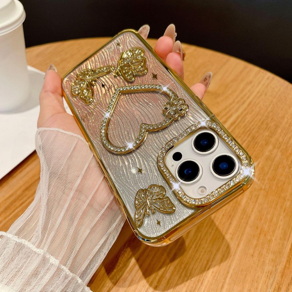 For IPhone 16 Promax Sparkling Diamond Phone Case for Apple 15 Love Butterfly 14 Gradient Sparkling Pink Soft Case