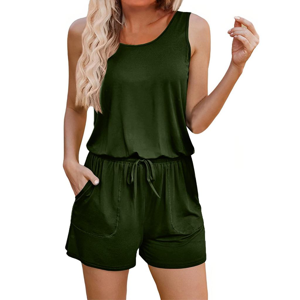 Women's Fashionable Casual Solid Color Vest With Drawstring Strap And Pocket Jumpsuit