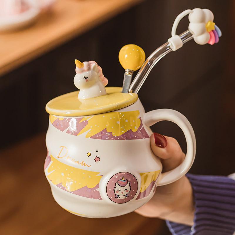 Unicorn Ceramic Mug Cute Girls Gift Water Cup with Lid and Spoon Home Office Breakfast Coffee Cups